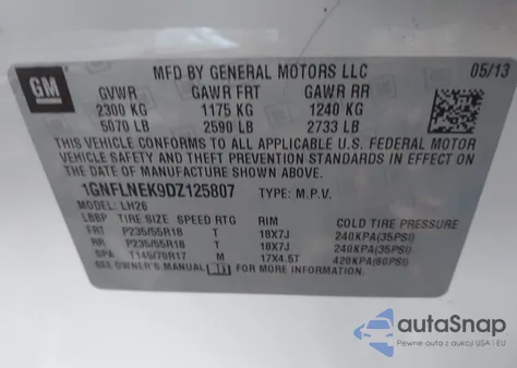 2013 Chevrolet Equinox 2Lt z USA, uszkodzony, nr VIN 1GNFLNEK9DZ125807